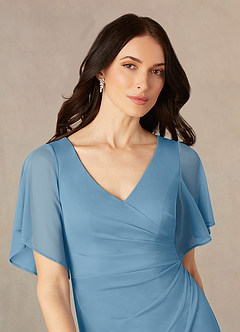 Azazie Selah Mother of the Bride Dresses Steel Blue A-Line V-Neck ruched Mesh Dress image3