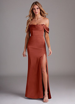 Azazie Saige Bridesmaid Dresses Terracotta Sheath Off the Shoulder Stretch Satin Dress image3
