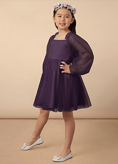 Azazie Aya Flower Girl Dresses Plum A-Line with Sleeves Tulle Dress image2