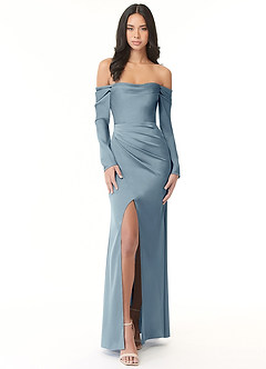 Azazie Hallie Bridesmaid Dresses Dusty Blue Sheath Off-The-Shoulder Long Sleeve Stretch Satin Convertible Dress image3