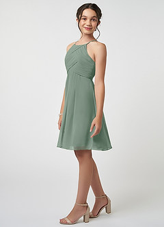 Azazie Ginny Junior Abito A-Line in Chiffon Plissettato Salvia Argentata image3