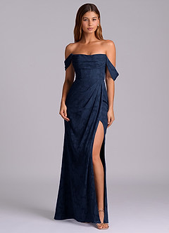 Azazie Johana Bridesmaid Dresses Dark Navy Mermaid Off the Shoulder Floral Burnout Convertible Dress image3