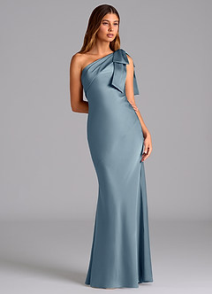 Azazie Yuanna Bridesmaid Dresses Dusty Blue Mermaid One Shoulder Stretch Satin Dress image5