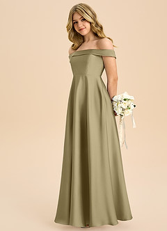 Azazie Sissy Junior Abito A-Line in Raso Elasticizzato a Spalla Scoperta Verde Muschio image6