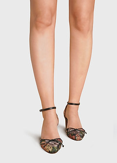 front Floral Tapestry Ankle Strap Block Heels