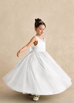 Azazie Peanut Robe Demoiselle D'honneur Fillette Robe Trapèze en Tulle Bretelle Blanc image5