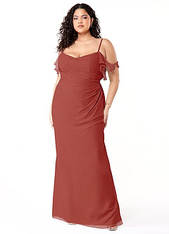 Azazie Emeralda Bridesmaid Dresses Terracotta Sheath Off the Shoulder Chiffon Dress image7