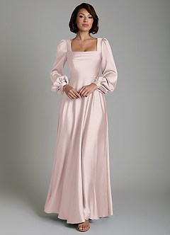 Azazie Solana At-home Try On Dresses Blushing Pink A-Line Long Sleeve Stretch Satin Dress image1