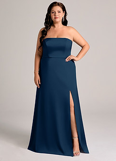 Azazie Wren Robes de demoiselle d'honneur Robe Trapèze Convertible en Satin extensible Sans bretelles Bleu Marine Foncé image6
