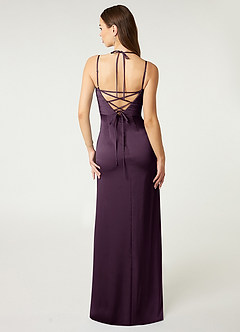 Azazie Desi Bridesmaid Dresses Plum Sheath Halter Corset Stretch Satin Dress image2