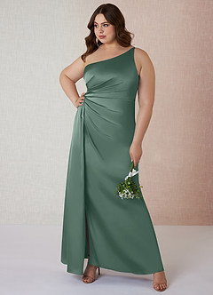 Azazie Mika Bridesmaid Dresses Eucalyptus Sheath One Shoulder Stretch Satin Dress image8