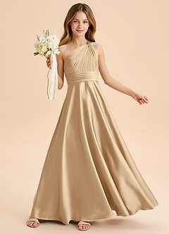 Azazie Charlize Junior A라인 주름진 스트레치 새틴 플로어 길이 주니어 신부 들러리 드레스 image1