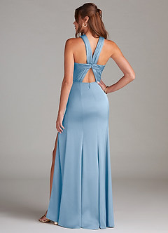 Azazie Rue Vestidos de damas de honor Vestido de Azul Pálido de Satén Elástico de Corte Sirena con Plisado image7