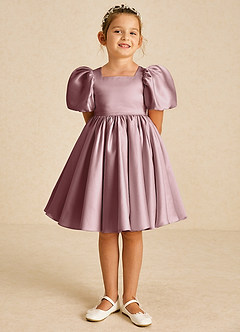 Azazie Muffin Flower Girl Dresses Dusty Rose A-Line with Sleeves Matte Satin Dress image2