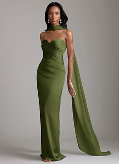 Azazie Sonora Vestidos de damas de honor Vestido de Oliva de Satén Elástico de Corte Recto con Sin tirantes image10