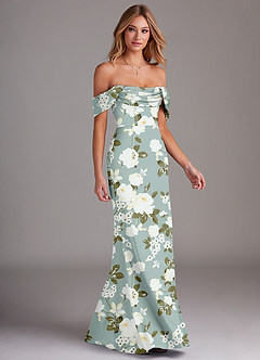 Azazie Saige Bridesmaid Dresses Misty Floral Garden Sheath Off the Shoulder Stretch Satin Dress image6