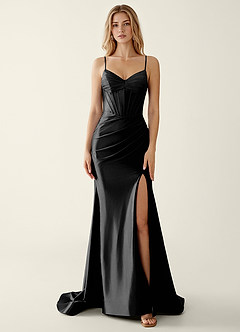 Indigo Black Satin V-neck Sequins Mermaid Prom Dress image1