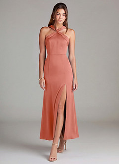 Azazie Rue Bridesmaid Dresses Salmon Pink Mermaid Pleated Stretch Satin Dress image3