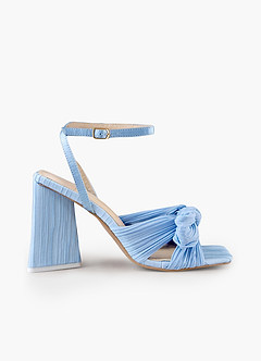 front Blue Pleated Chiffon Bow Mid-Heel Sandals