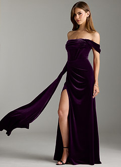 Azazie Amyra Bridesmaid Dresses Grape Sheath Off the Shoulder Velvet Convertible Dress image8