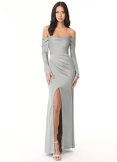 Azazie Hallie Bridesmaid Dresses Silver Sheath Off-The-Shoulder Long Sleeve Stretch Satin Convertible Dress image4