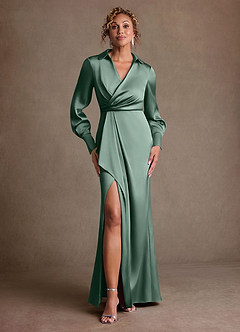 Azazie Jacinta Mère de la mariée Robes Robe Fourreau en Satin extensible Plissée Eucalyptus image1