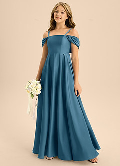 Azazie Rowena Junior A라인 절하다 스트레치 새틴 플로어 길이 주니어 신부 들러리 드레스 image7