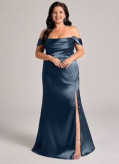 Azazie Saige Bridesmaid Dresses Dark Navy Sheath Off the Shoulder Metallic Satin Convertible Dress image9