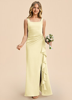 Azazie Adrienne Junior Lemon Sorbet Sheath Pleated Stretch Satin Dress image4