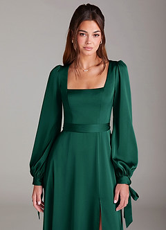 Azazie Leonia Robes de demoiselle d'honneur Robe Trapèze en Satin extensible Manche longue émeraude image6