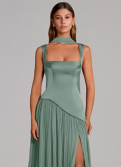 Azazie Stephanie Vestidos de damas de honor Vestido de Salvia Plateada de Satén Elástico de Corte en A con Plisado image6