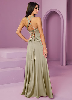Barbie ♥ Azazie Robes de demoiselle d'honneur Robe Trapèze en Satin extensible avec poches Vert Mousse image2