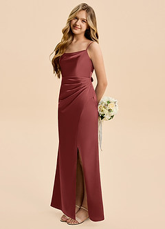 Azazie Christen Junior Terracotta Sheath Pleated Stretch Satin Dress image3