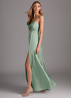 Azazie Jenna Bridesmaid Dresses Agave A-Line Pleated Stretch Satin Dress image3