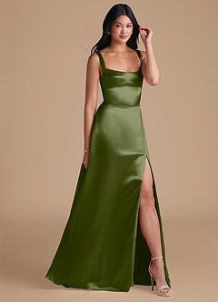Azazie Hope Bridesmaid Dresses Olive A-Line with Pockets Metallic Satin Dress image1
