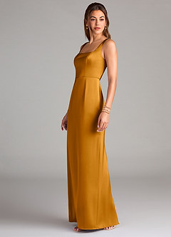 Azazie Flori Bridesmaid Dresses Butterscotch Sheath Side Slit Stretch Satin Dress image4