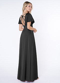 Azazie Lani Bridesmaid Dresses Black A-Line Flounce Sleeve Stretch Satin Dress image5
