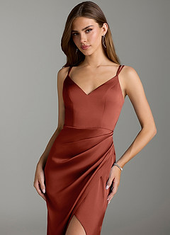 Azazie Leo Bridesmaid Dresses Terracotta Sheath Pleated Stretch Satin Dress image5