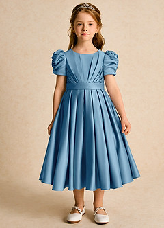Azazie Miriam Abiti da Ragazza di Fiori Abito Principessa in Raso Opaco Plissettato Blu Acciaio image4