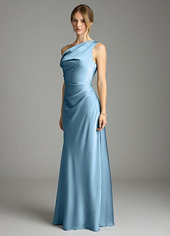 Azazie Emerson Bridesmaid Dresses Steel Blue Mermaid Off the Shoulder Stretch Satin Dress image4