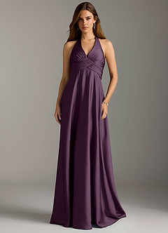 Azazie Tessie Bridesmaid Dresses Plum A-Line Pleated Stretch Satin Dress image3