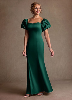 Azazie Redding Mother of the Bride Dresses Emerald Sheath Ruched Stretch Satin Dress image3