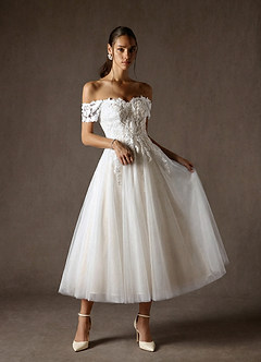 Azazie Rowe Abiti da Sposa Abito A-Line in Pizzo a Spalla Scoperta Bianco Diamante Champagne image7
