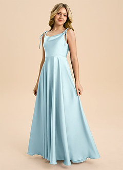 Azazie Popsy Junior Vestido de Azul Nube de Satén Elástico de Corte en A con Lazo image6