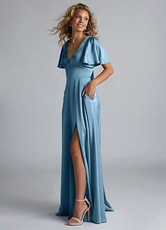 Azazie Kimber Bridesmaid Dresses Steel Blue A-Line Ruched Stretch Satin Dress image6