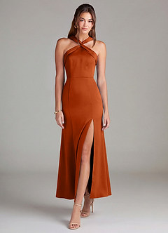 Azazie Rue 신부 들러리 드레스 인어 주름진 스트레치 새틴 발목 길이 드레스 image3