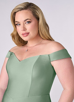 Barbie ♥ Azazie Jurken voor bruidsmeisjes Converteerbaar Jurk van Stretch Satijn met A-Lijn Off the Shoulder Agave image11