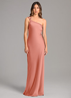 Azazie Monroe Bridesmaid Dresses Coral Mermaid One Shoulder Stretch Satin Dress image4