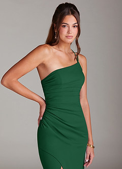 Azazie Eren Jurken voor bruidsmeisjes Jurk van Stretch crêpe met Kolom One-Shoulder Donkergroen image6
