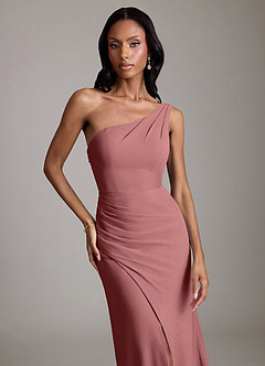 Azazie Madelyn Vestidos de damas de honor Vestido de Amatista de Gasa de Corte Sirena Convertible con Hombro unilateral image8